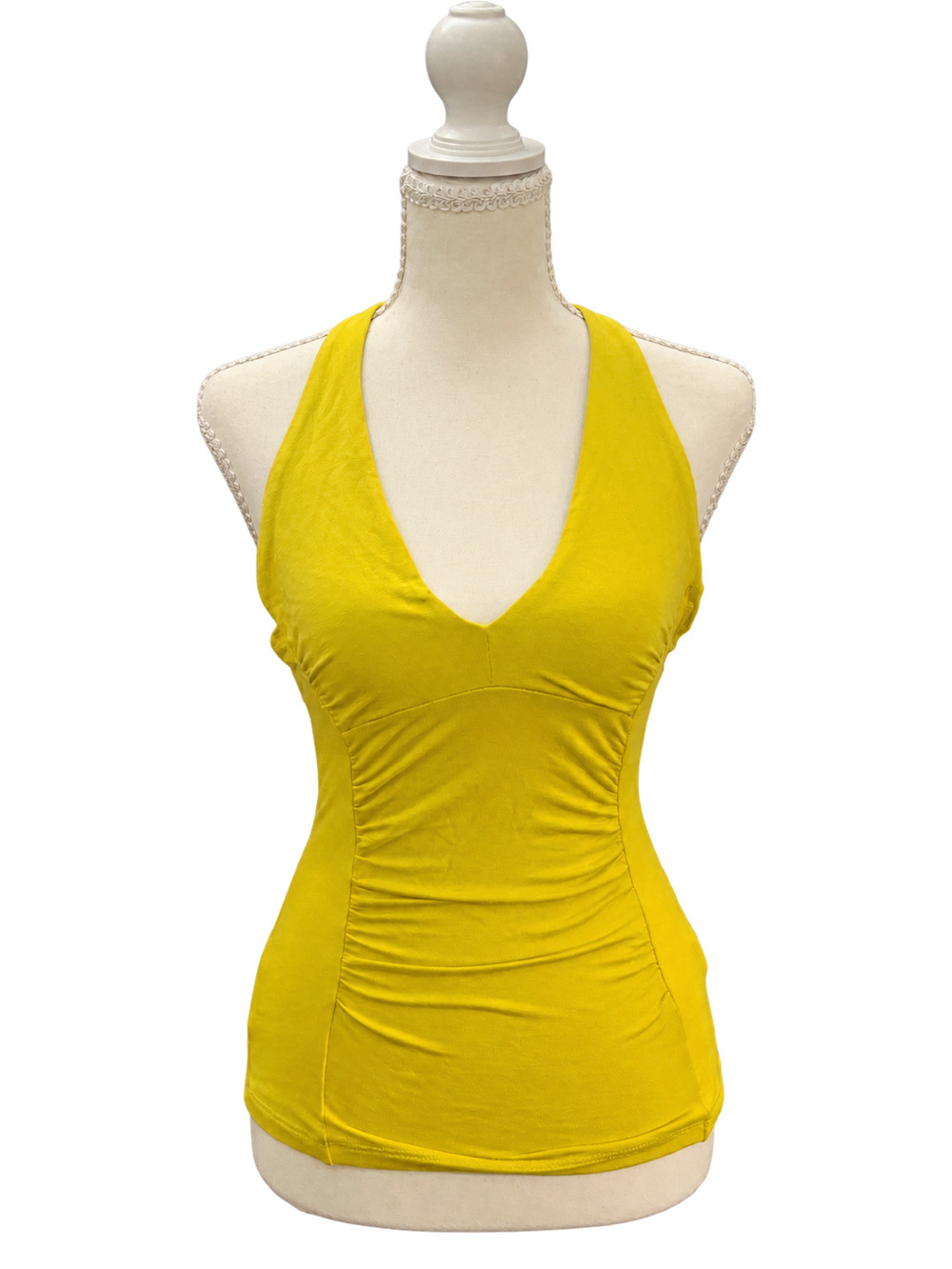 BCBG MAXAZRIA Y2K Yellow Ruched Deep V Neck Halter Top Open Back S USA